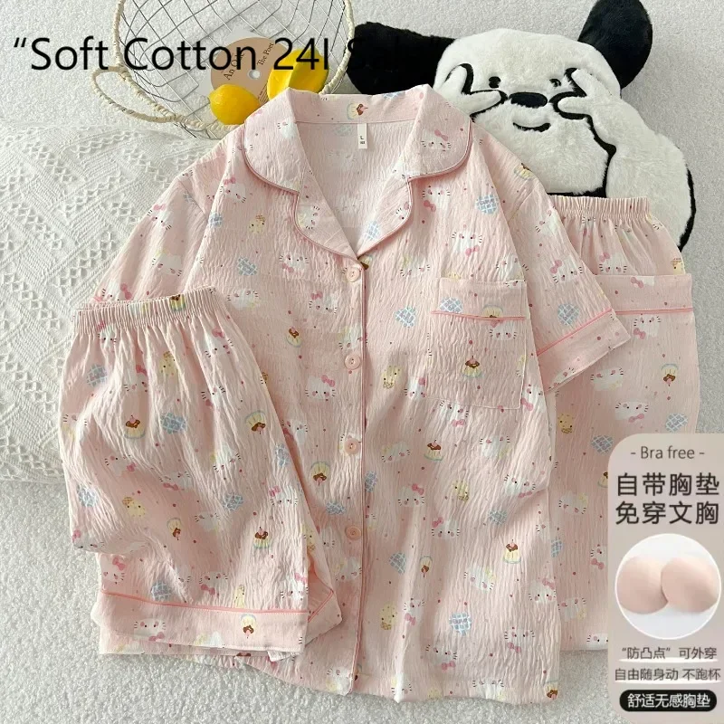 Summer Hello Kitty pajamas pure cotton with chest pads three-piece set short-sleeved shorts trousers Hello Kitty loungewear
Summer Hello Kitty pajamas pure cotton with chest pads three-piece set short-sleeved shorts trousers Hello Kitty loungewear