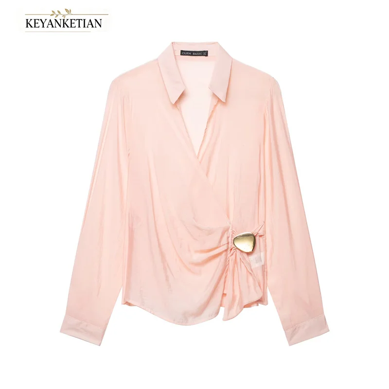 KEYANKETIAN 2026 Office Wrap Front Shirt Collared Long Sleeve Side Ruched With Heart Gold Buckle Draped Silky Pink Blouse Top
KEYANKETIAN 2026 Office Wrap Front Shirt Collared Long Sleeve Side Ruched With Heart Gold Buckle Draped Silky Pink Blouse Top