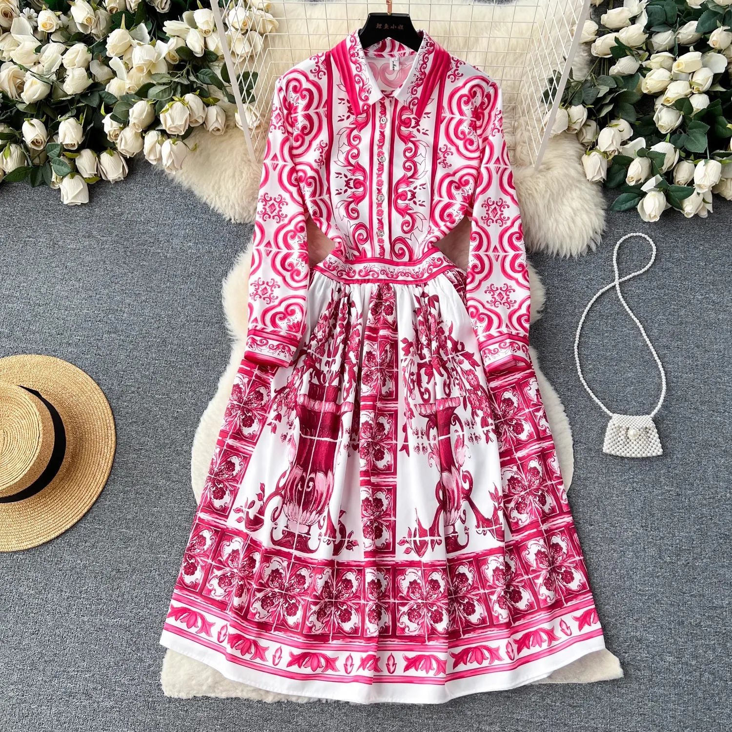 Autumn Fashion Red Flower Blue And White Porcelain Print Shirt Dress Women Wrist Sleeve Lapel Vintage A Line Midi Vestidos N8737
Autumn Fashion Red Flower Blue And White Porcelain Print Shirt Dress Women Wrist Sleeve Lapel Vintage A Line Midi Vestidos N8737