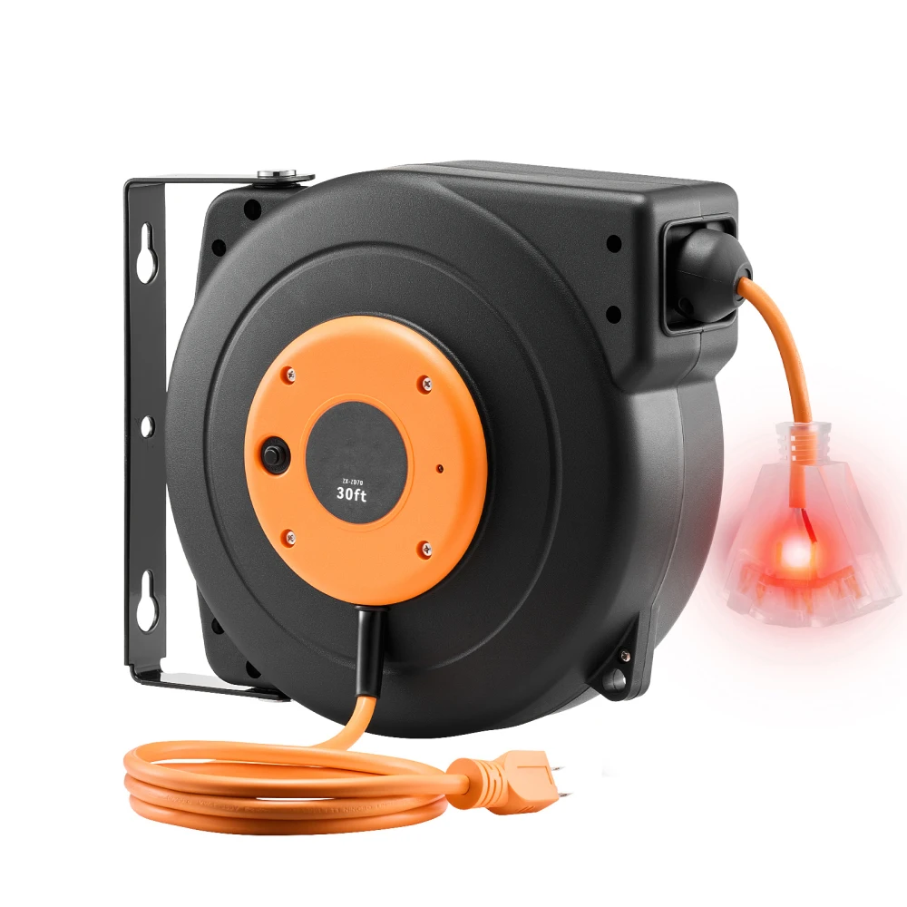 Retractable Extension Cord Reel, 30 FT, Heavy Duty 16AWG/3C SJTOW Power Cord, with Lighted Triple Tap Outlet
Retractable Extension Cord Reel, 30 FT, Heavy Duty 16AWG/3C SJTOW Power Cord, with Lighted Triple Tap Outlet