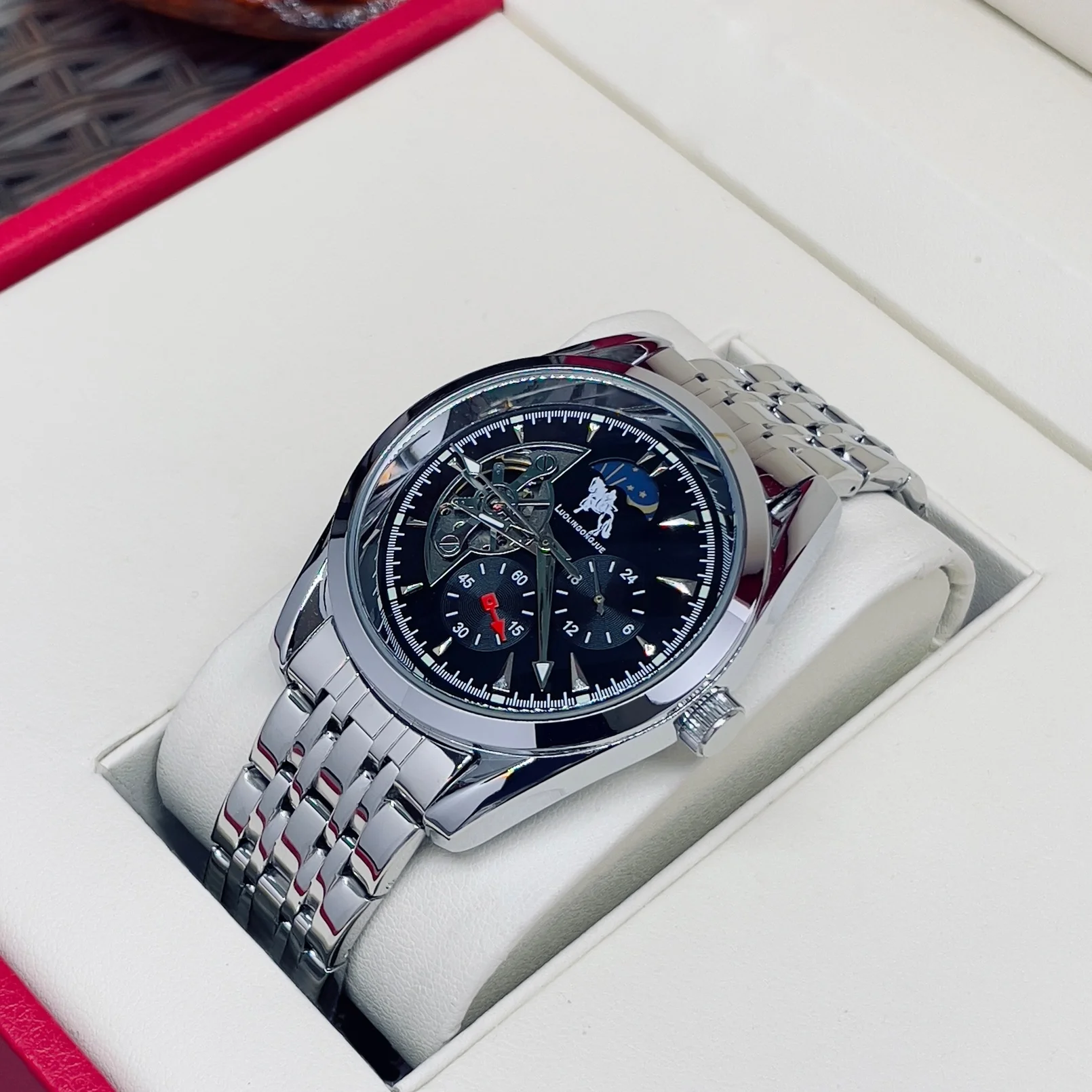 New Men's Automatic Mechanical Watch - Skeleton Tourbillon, Moon Phase, 24-Hour Display and Skeleton Case Back, Waterproof, Stainless Steel Strap, Luxury Business Watch for Men, Perfect Gift for Him
New Men's Automatic Mechanical Watch - Skeleton Tourbillon, Moon Phase, 24-Hour Display and Skeleton Case Back, Waterproof, Stainless Steel Strap, Luxury Business Watch for Men, Perfect Gift for Him