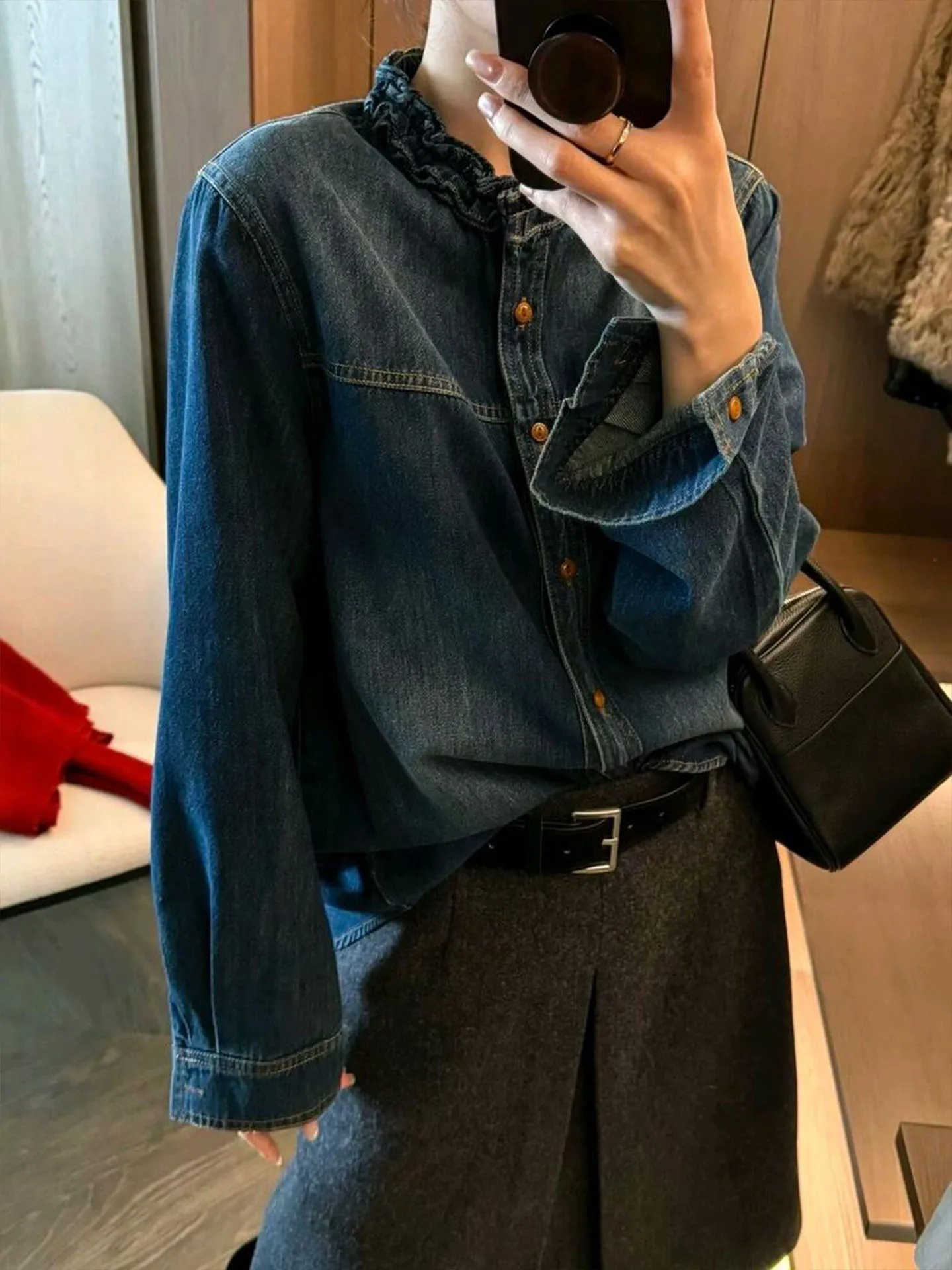 Retro Blue Denim irt Women's Faionable Sli Outerwear Top Trendy Stand Fit ort Coat Button Closure Pure Color
Retro Blue Denim irt Women's Faionable Sli Outerwear Top Trendy Stand Fit ort Coat Button Closure Pure Color
