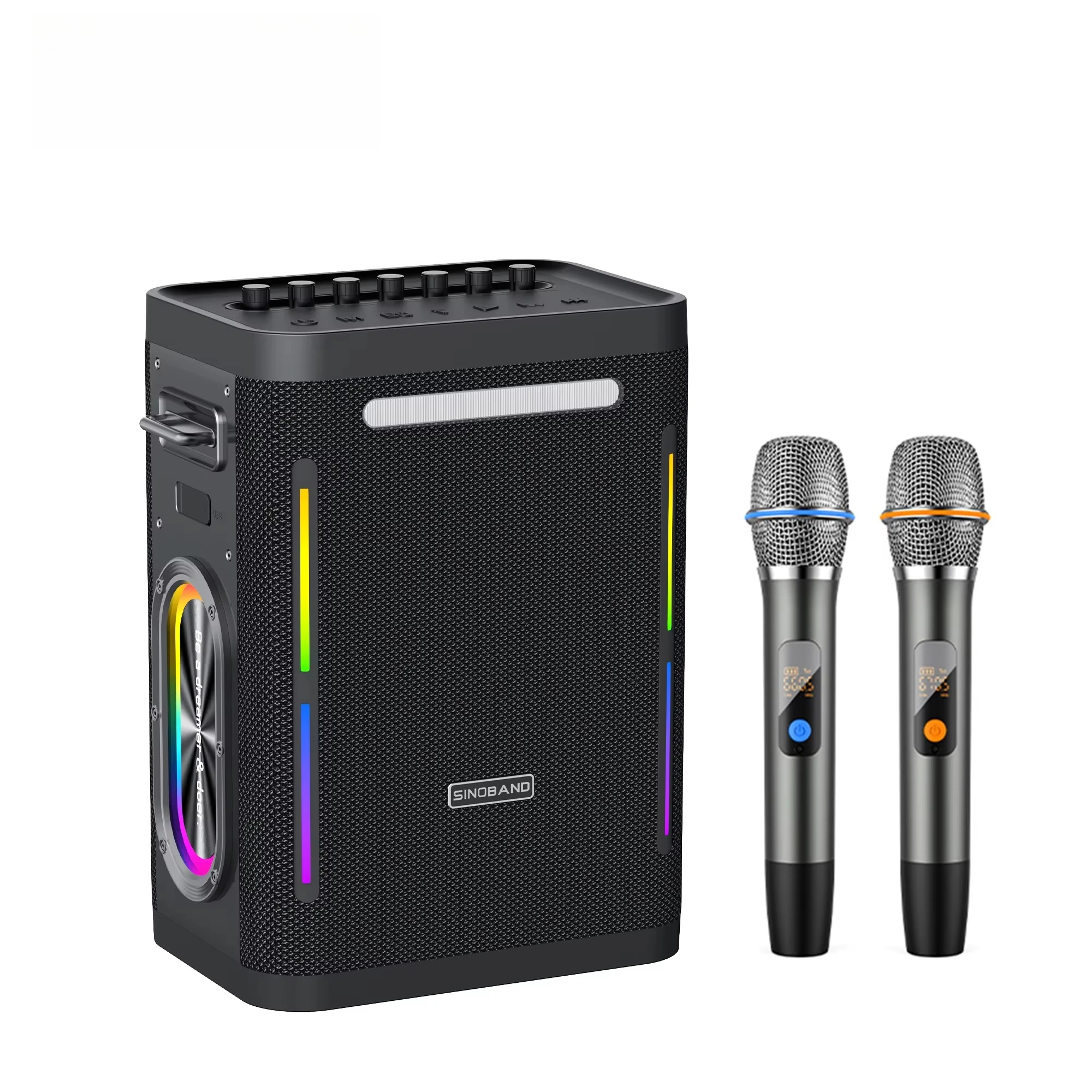 300W Portable Subwoofer Karaoke Machine PA System with 2 Wireless Microphones Memory Card Support for Home Use