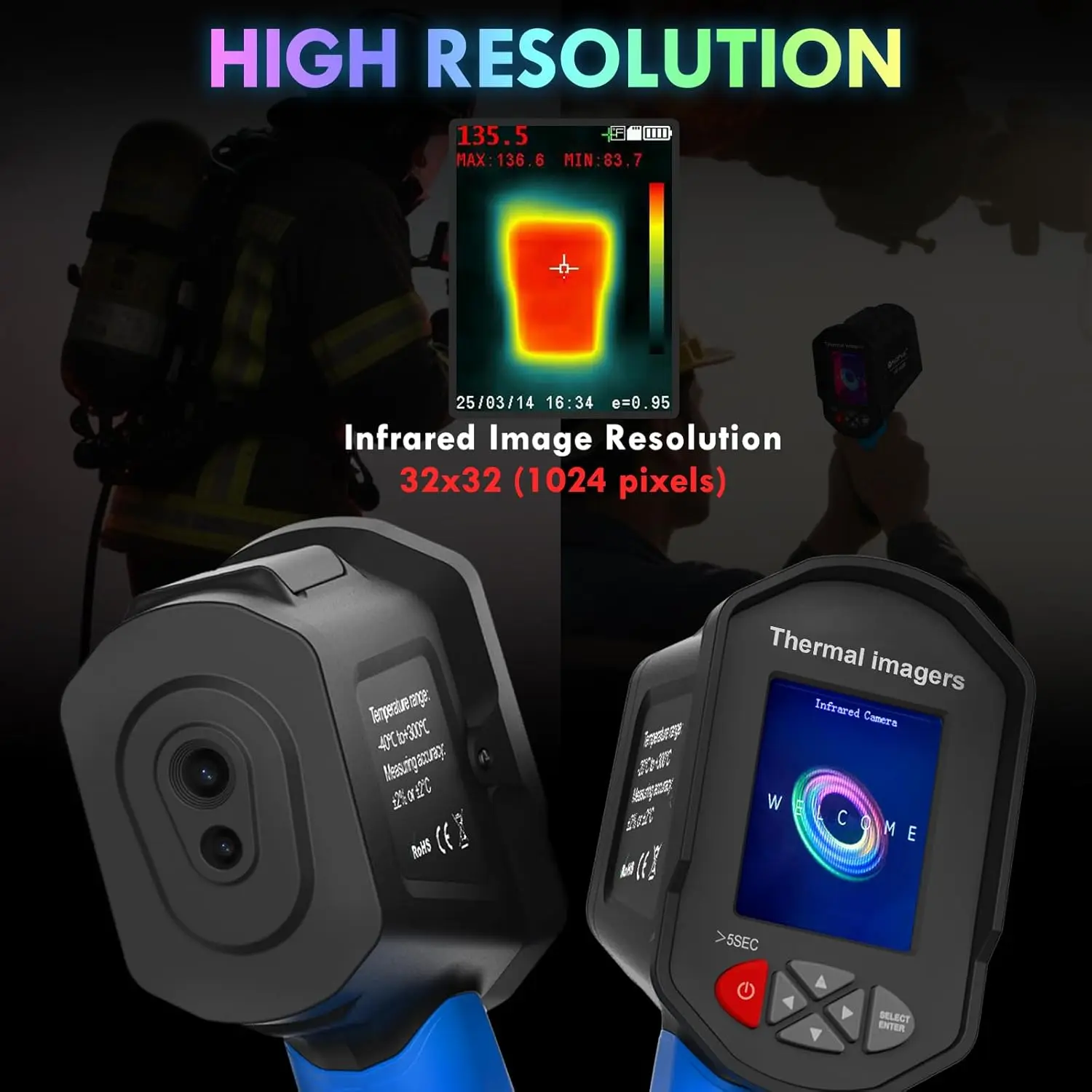 32x32 Pixel Thermal Imager -40~300℃ Visible Light Fusion Adjustable Emissivity TF Card Storage for Electrician Maint HP-950F
32x32 Pixel Thermal Imager -40~300℃ Visible Light Fusion Adjustable Emissivity TF Card Storage for Electrician Maint HP-950F