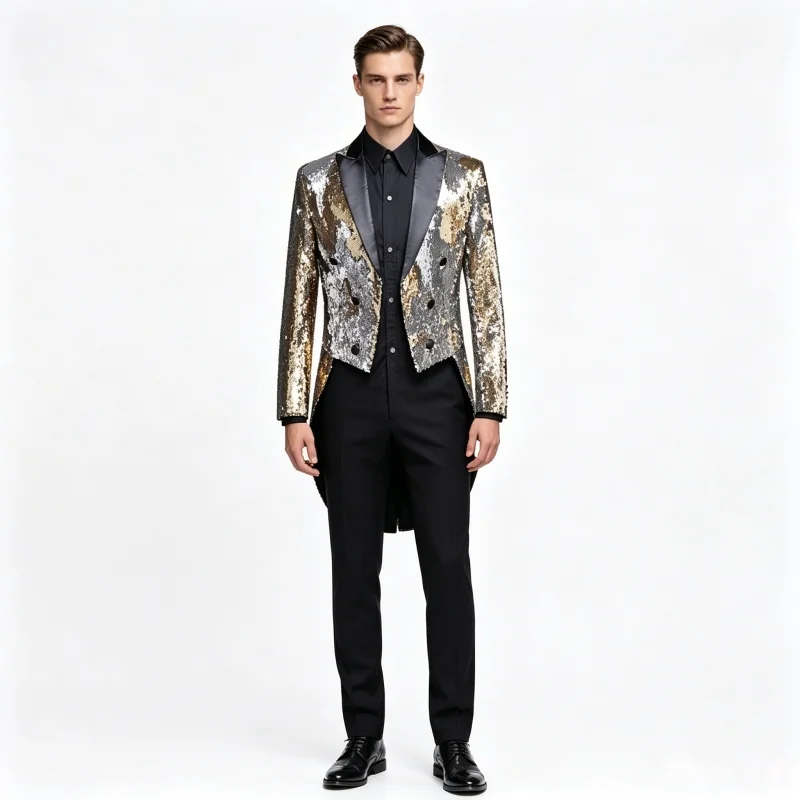 Men's Slim Sequin Tailcoat Swallowtail 2-Color Discolorable Male Costume for Magician Groom Wedding Singer Chorus Performance
Men's Slim Sequin Tailcoat Swallowtail 2-Color Discolorable Male Costume for Magician Groom Wedding Singer Chorus Performance