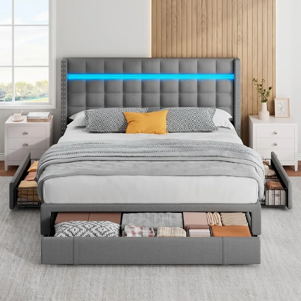 Bed Frame Queen Size with Storage, Adjustable Headboard, 3 Drawers, Heavy Duty Wood Slats, Upholstered Platform LED Bed Frame
Bed Frame Queen Size with Storage, Adjustable Headboard, 3 Drawers, Heavy Duty Wood Slats, Upholstered Platform LED Bed Frame
