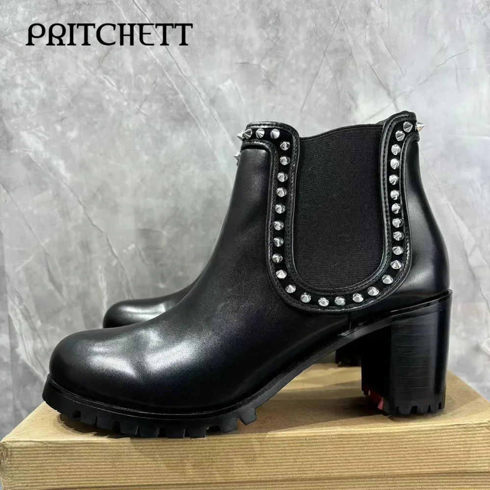 Personalized Studded Black Short Boots Round Toe Thick Heels Pull-On Elastic Ankle Boots Fashionable and Casual Women's Boots
Personalized Studded Black Short Boots Round Toe Thick Heels Pull-On Elastic Ankle Boots Fashionable and Casual Women's Boots