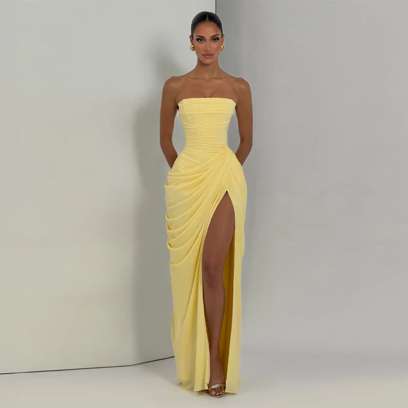 2026 New Women's Solid Color Strapless Backless Long Dress Ruched Waist Top High Slit Back Lace-up Slim Fit Evening Party Gown
2026 New Women's Solid Color Strapless Backless Long Dress Ruched Waist Top High Slit Back Lace-up Slim Fit Evening Party Gown