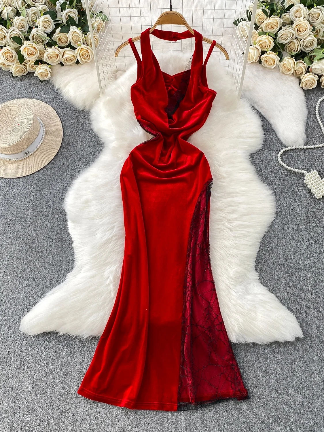 Korean Sle Lace Splice V-Ne Strapl Velvet Long Dr Women's Ele Sexy High Waist A-Line Dr for Par
Korean Sle Lace Splice V-Ne Strapl Velvet Long Dr Women's Ele Sexy High Waist A-Line Dr for Par