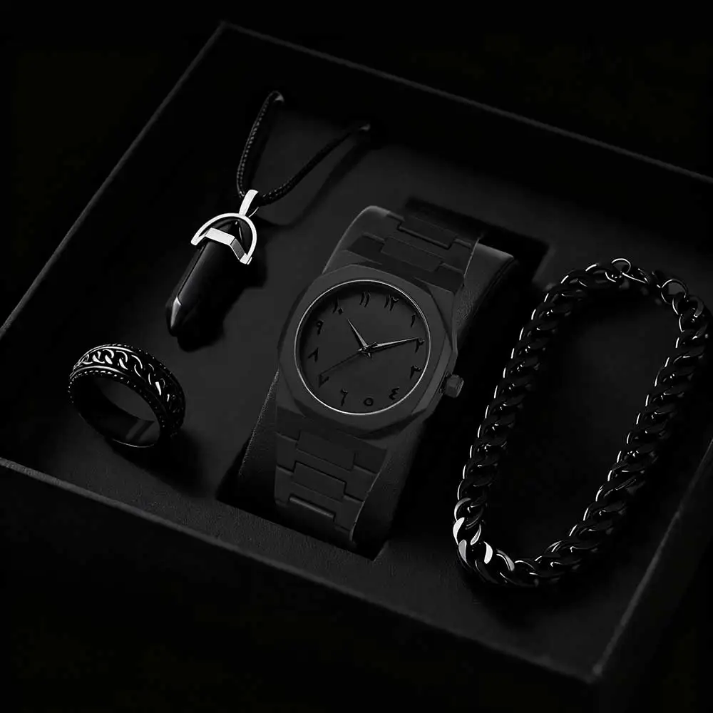 Matte black octagonal Arabic numerals men's watch Cuban bracelet bullet pendant ring four piece set, not including gift box
Matte black octagonal Arabic numerals men's watch Cuban bracelet bullet pendant ring four piece set, not including gift box