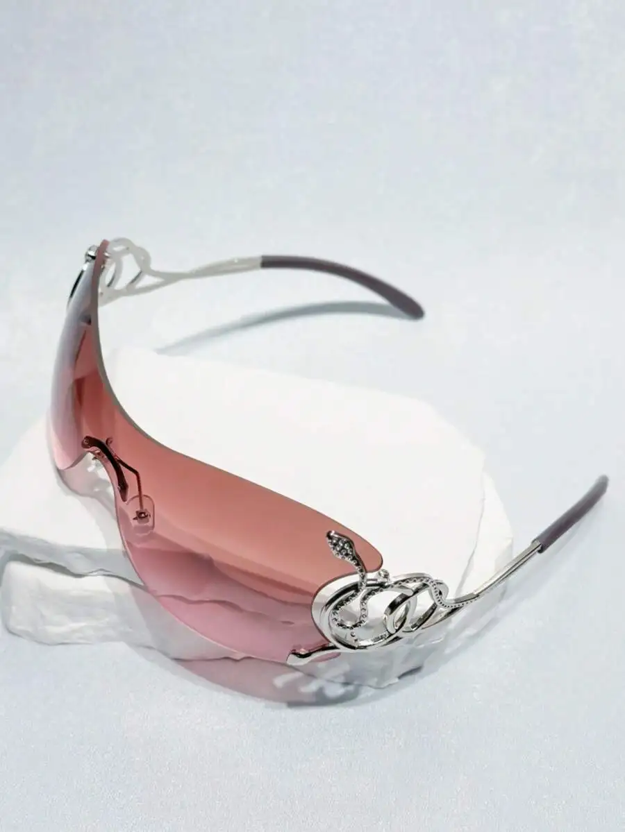 Women's Shield-Style One-Piece Lens Sunglasses with Silver Snake Motif, Pink Gradient Lens
Women's Shield-Style One-Piece Lens Sunglasses with Silver Snake Motif, Pink Gradient Lens