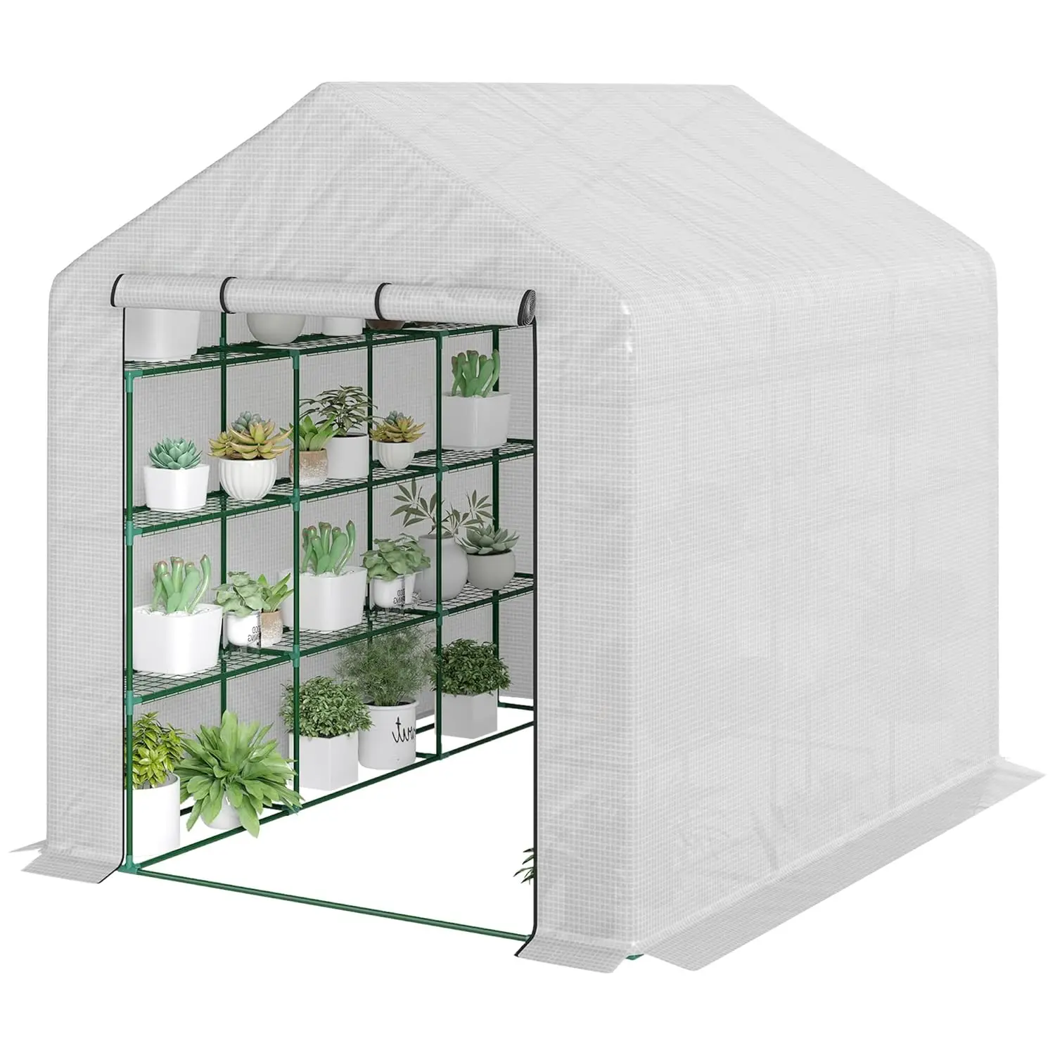 8x6x7ft PE Cover Walk-in Greenhouse Steel Frame 4-Tier Shelves Roll-up Door for Flowers Vegetables Saplings White Custom
8x6x7ft PE Cover Walk-in Greenhouse Steel Frame 4-Tier Shelves Roll-up Door for Flowers Vegetables Saplings White Custom
