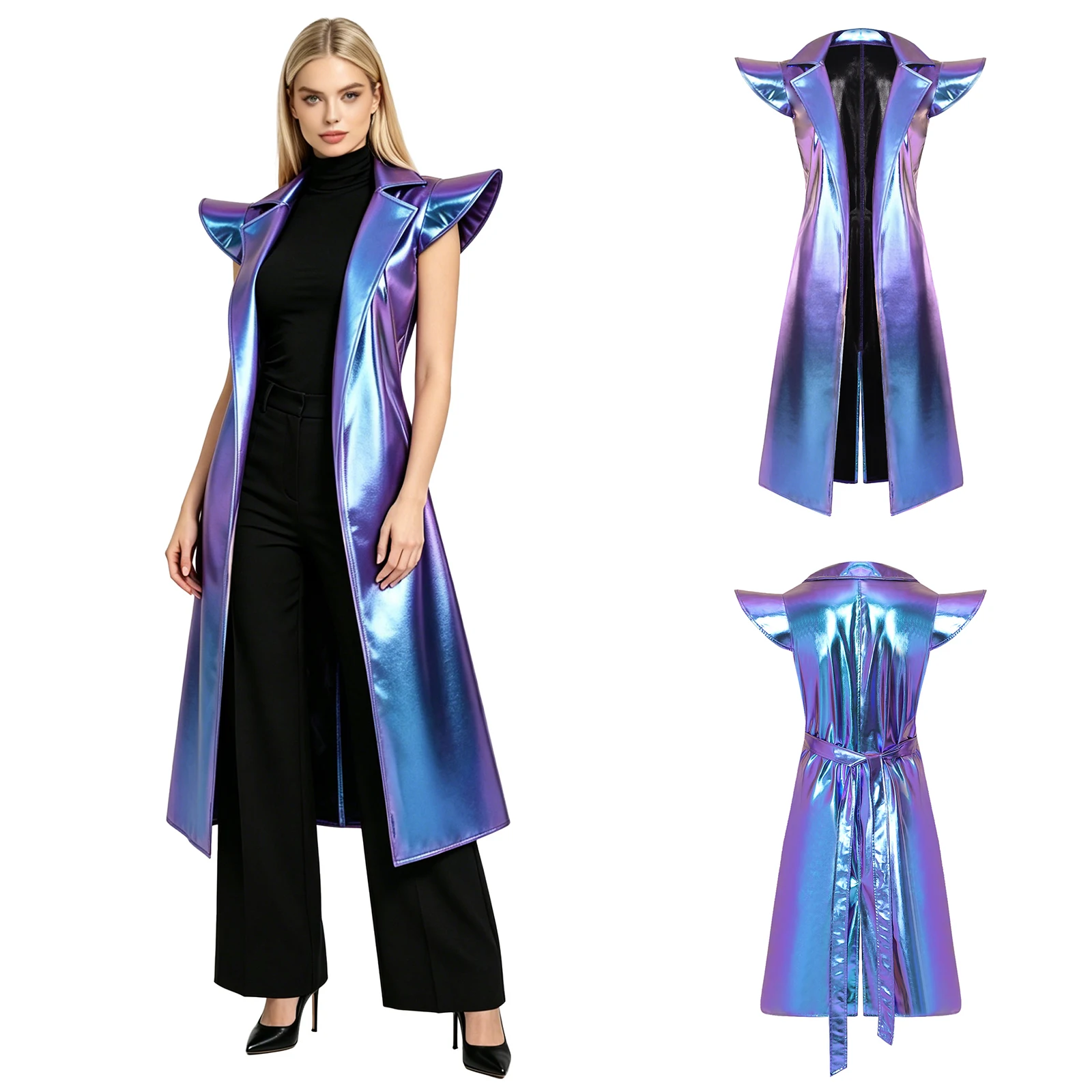 Womens Metallic Shiny Trench Coat Sleeveless Notch Lapel Open Front Belted Long Jacket Coat Jazz Rock Music Festivals Clubwear
Womens Metallic Shiny Trench Coat Sleeveless Notch Lapel Open Front Belted Long Jacket Coat Jazz Rock Music Festivals Clubwear