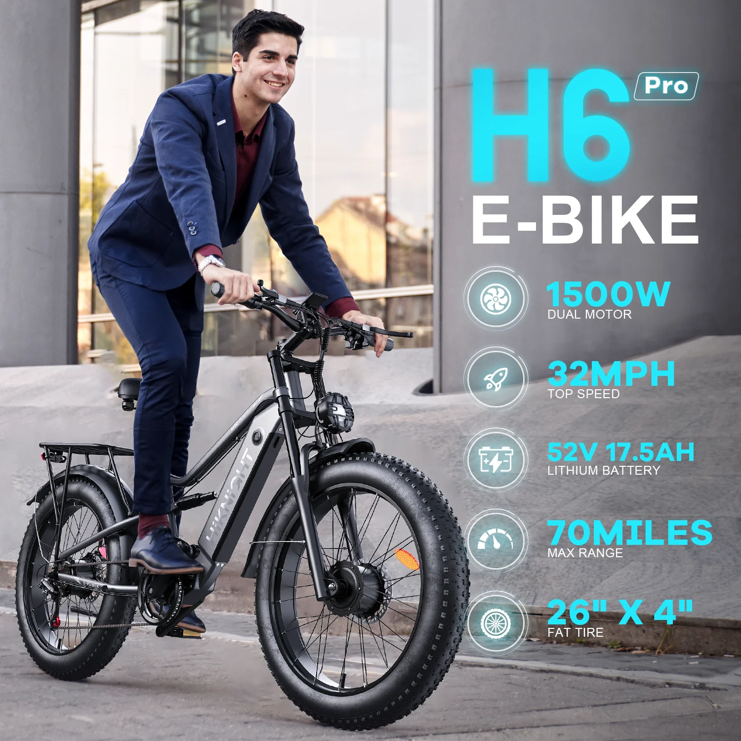 Электровелосипед HIKNIGHT H6 PRO с двумя моторами, пиковая мощность 3000 Вт, горный электровелосипед с толстыми шинами, полная подвеска.
Электровелосипед HIKNIGHT H6 PRO с двумя моторами, пиковая мощность 3000 Вт, горный электровелосипед с толстыми шинами, полная подвеска.