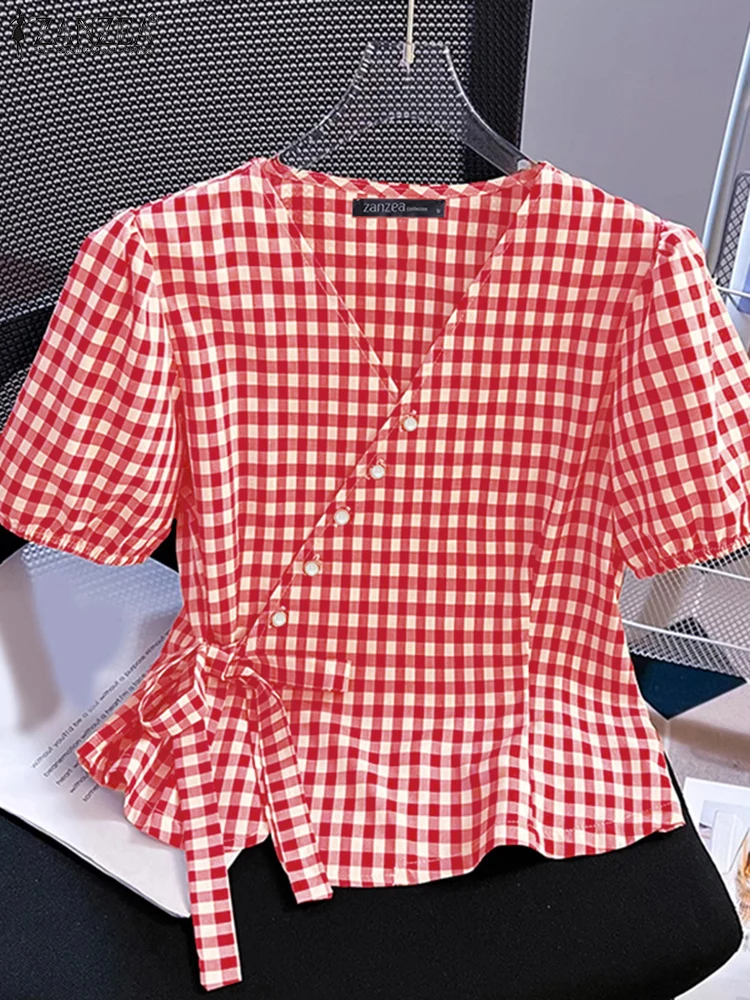 ZANZEA винтажные блузки с короткими пышными рукавами и завязками на талии, повседневные летние топы с баской и v-образным вырезом, женские элегантные рубашки в клетку
ZANZEA винтажные блузки с короткими пышными рукавами и завязками на талии, повседневные летние топы с баской и v-образным вырезом, женские элегантные рубашки в клетку