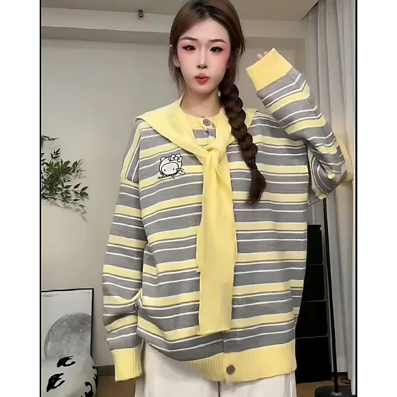 Полосатый свитер с шалью и воротником Kitty Cat, женский повседневный свободный вязаный кардиган в ленивом стиле, куртка
Полосатый свитер с шалью и воротником Kitty Cat, женский повседневный свободный вязаный кардиган в ленивом стиле, куртка