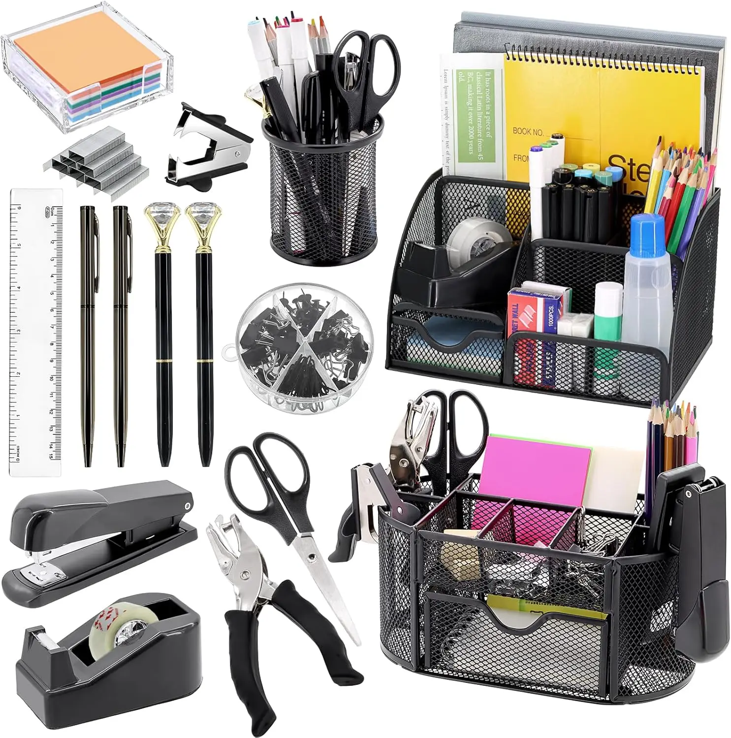 17 in 1 Black Desk Organizers and Accessories Set 3 Office Desk Supplies Storage Organization 4 Pens Stapler Staples Remover
17 in 1 Black Desk Organizers and Accessories Set 3 Office Desk Supplies Storage Organization 4 Pens Stapler Staples Remover