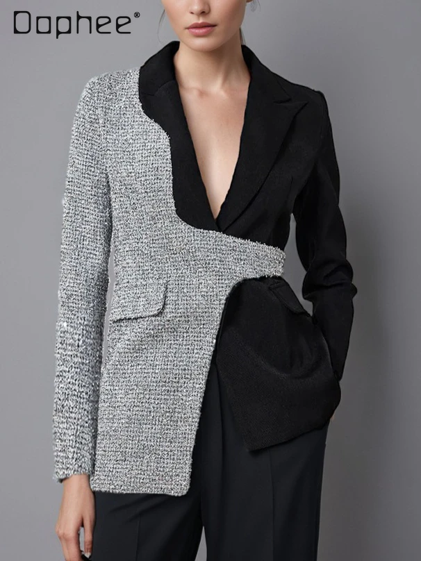2025 Autumn New European American Commuter Style Suit Fashion Contrast Color Patchwork Irregular Lapel Slim Blazer Women
2025 Autumn New European American Commuter Style Suit Fashion Contrast Color Patchwork Irregular Lapel Slim Blazer Women