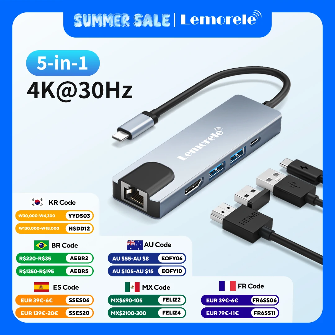 Lemorele TC15 5in1 USB Type c Hub HDMI RJ45 Lan Adapter USB c Hub HDMI PD 100w TF/SD Card Slot Multiport Adapter For MacbookPro
Lemorele TC15 5in1 USB Type c Hub HDMI RJ45 Lan Adapter USB c Hub HDMI PD 100w TF/SD Card Slot Multiport Adapter For MacbookPro