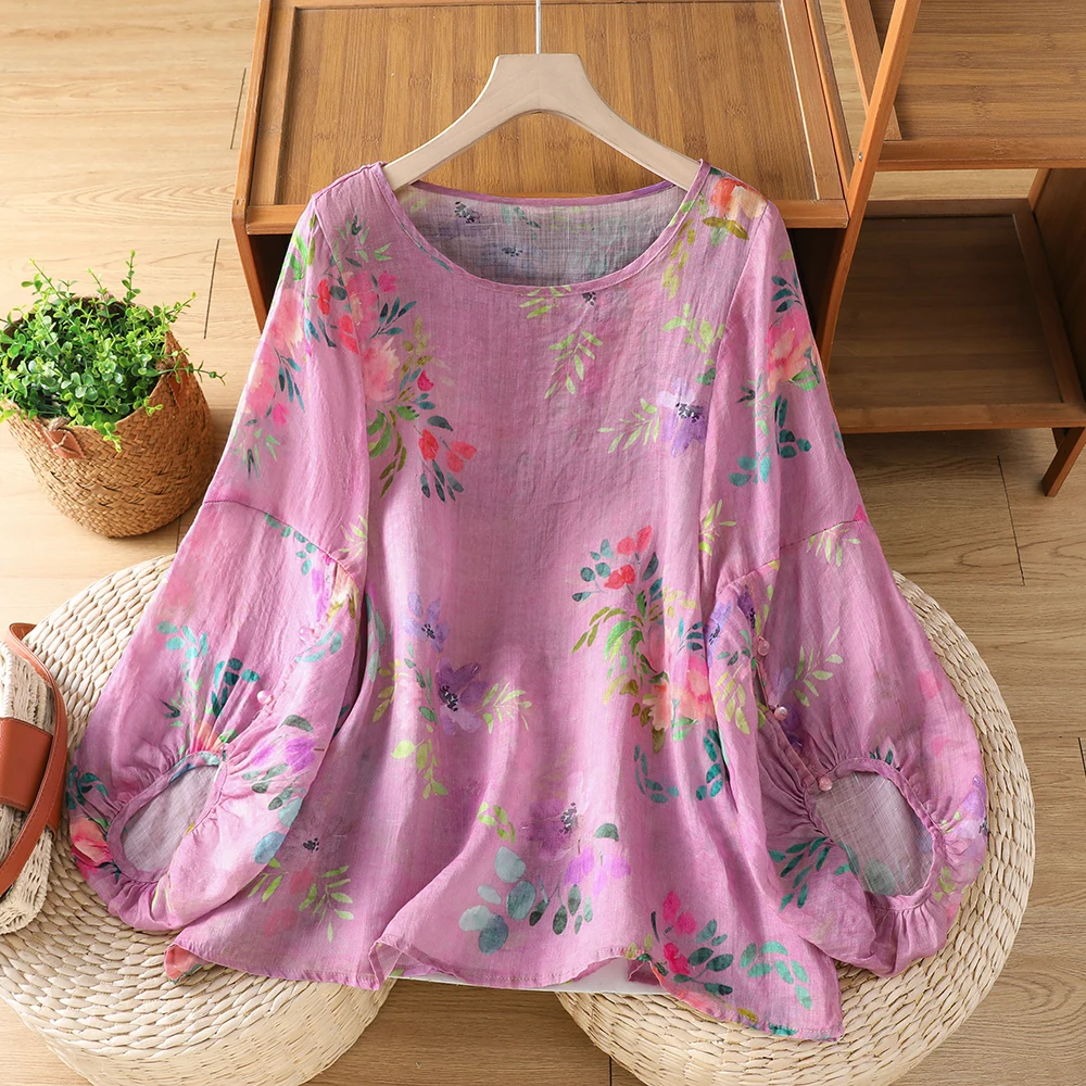 Slimming Large Size Women's Cotton Linen T-Shirt Lantern Sleeve Basic Shirt round Neck Short Sleeve Floral Print Commute Style
Slimming Large Size Women's Cotton Linen T-Shirt Lantern Sleeve Basic Shirt round Neck Short Sleeve Floral Print Commute Style