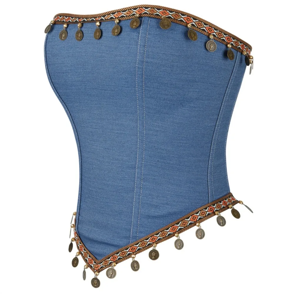 Women Vintage Overbust Corset Crop Tops Blue With Copper Circular Tassel Decoration Slimming Shaper Strapless Bustier
Women Vintage Overbust Corset Crop Tops Blue With Copper Circular Tassel Decoration Slimming Shaper Strapless Bustier