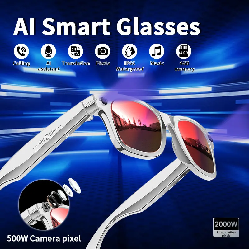 AI 5 Million Pixels Smart Glasses Recording Videos Photo Recognition Answer Translation 290mAh IP66 Waterproof Bluetooth Glasses
AI 5 Million Pixels Smart Glasses Recording Videos Photo Recognition Answer Translation 290mAh IP66 Waterproof Bluetooth Glasses