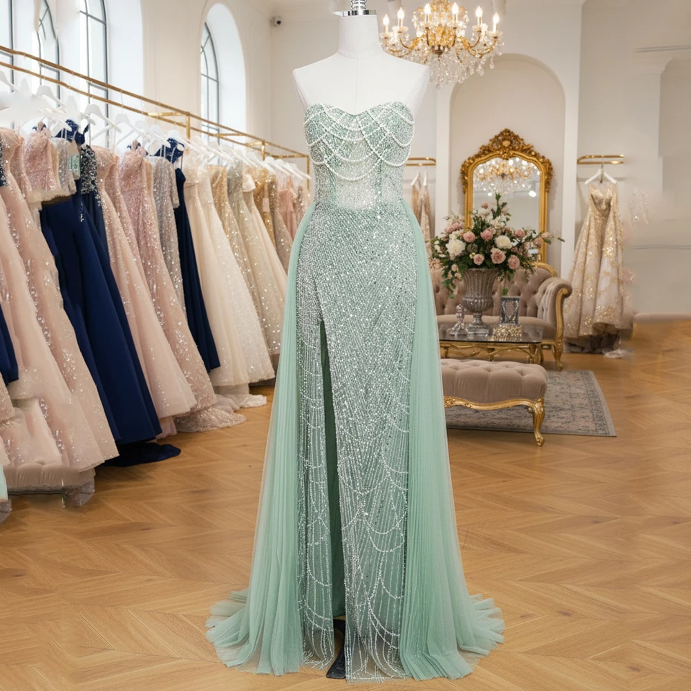 BABYONLINE Luxury Pearls Mint Green Mermaid Evening Dress with Slit Arabic Long Beaded Formal Dress For Wedding Party CPS3200
BABYONLINE Luxury Pearls Mint Green Mermaid Evening Dress with Slit Arabic Long Beaded Formal Dress For Wedding Party CPS3200