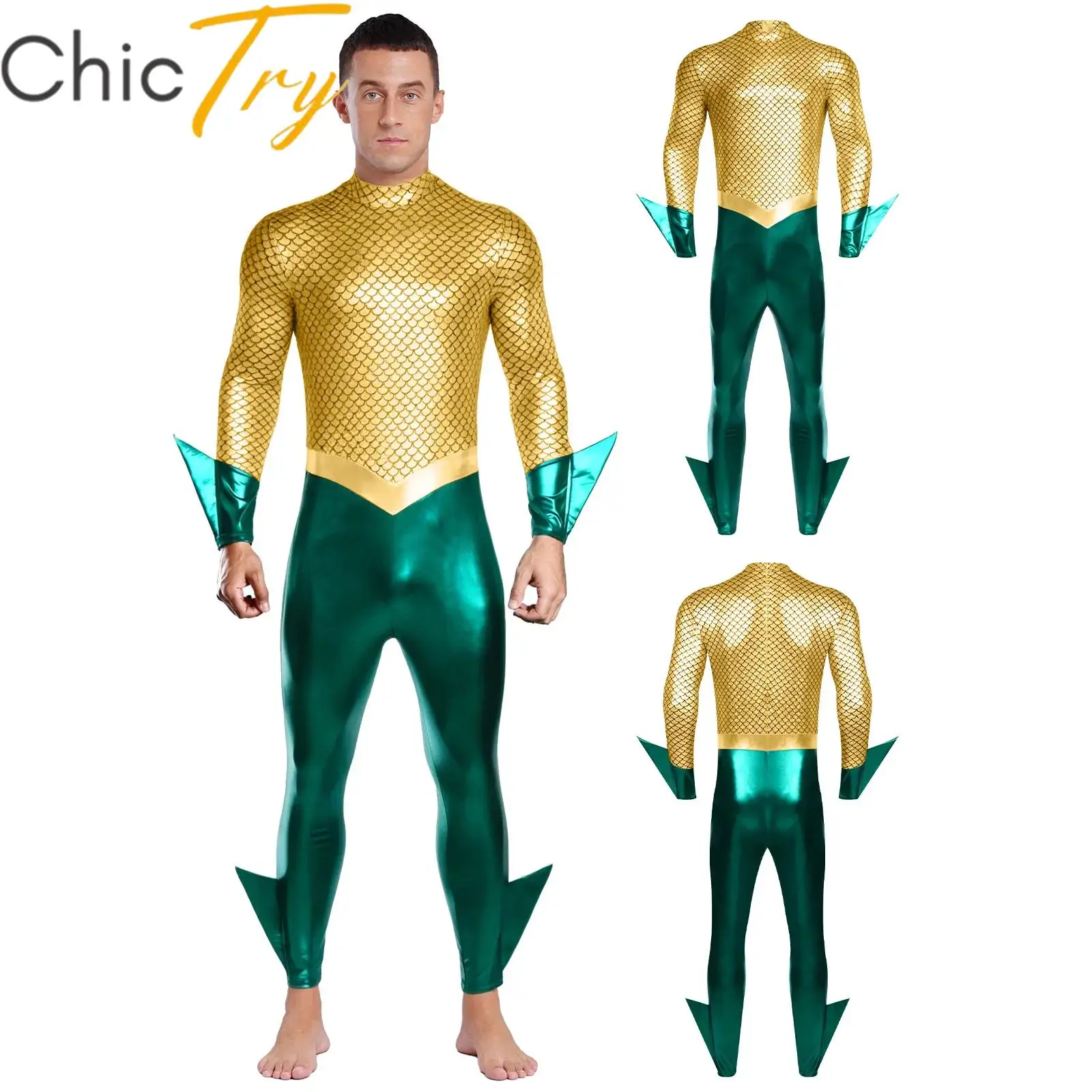Mens Sea King Cosplay Costume Halloween Roleplay Jumpsuit Fish Scale Print Metallic Long Sleeve Rompers for Carnival Dress Up
Mens Sea King Cosplay Costume Halloween Roleplay Jumpsuit Fish Scale Print Metallic Long Sleeve Rompers for Carnival Dress Up