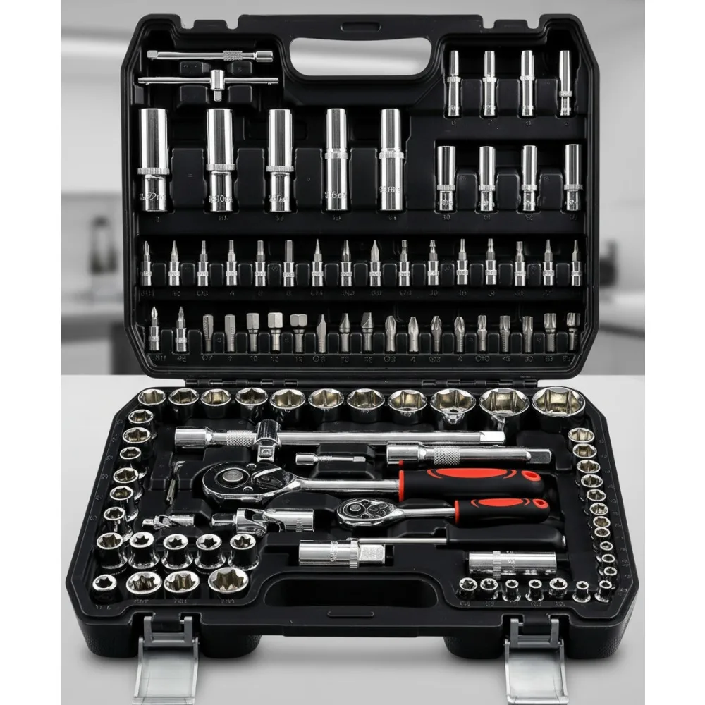 108-Piece Professional Mechanics Tool Set with 1/4" & 1/2" Sockets, Ratchet Wrench, Extensions & Storage Box
108-Piece Professional Mechanics Tool Set with 1/4" & 1/2" Sockets, Ratchet Wrench, Extensions & Storage Box