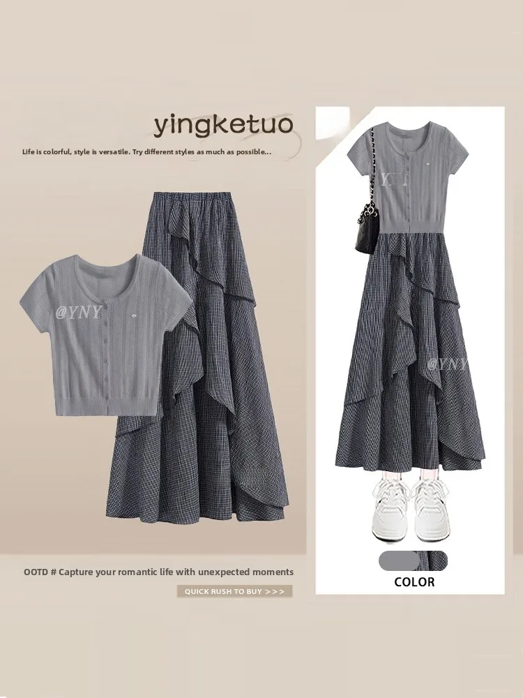 Summer Vintage Slimming Korean Style Grey Short Sleeve Women's Fashionable Elegant Uneven Plaid Halter Neck T-shirt Skirt Set
Summer Vintage Slimming Korean Style Grey Short Sleeve Women's Fashionable Elegant Uneven Plaid Halter Neck T-shirt Skirt Set
