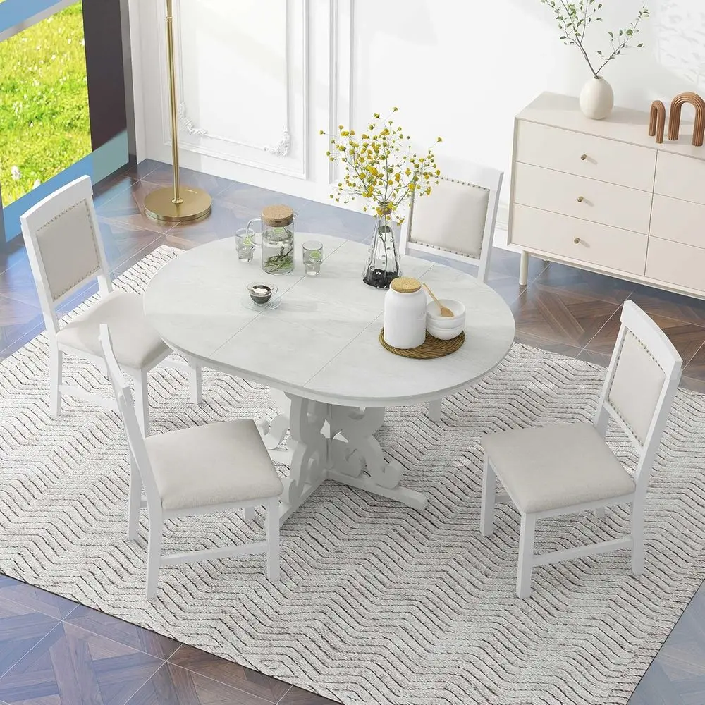 42-58 Antique White Round Dining Set for 4-6, 5-Piece Table with Upholstered Chairs
42-58 Antique White Round Dining Set for 4-6, 5-Piece Table with Upholstered Chairs