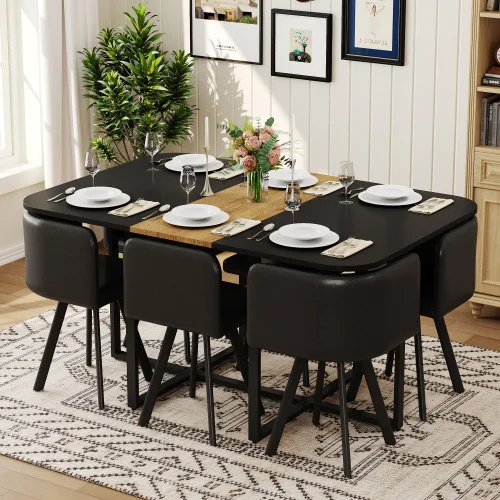 #7-Piece Modern Dining Table Set With 6 Black PU Leather Chairs Eco-Friendly Durable Dining Furniture
#7-Piece Modern Dining Table Set With 6 Black PU Leather Chairs Eco-Friendly Durable Dining Furniture