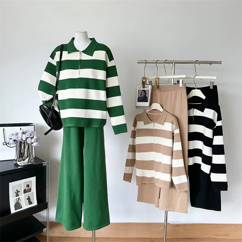 Women's Clothing Sale Two-piece Knitted Clothing Half Zip Knit Set Stripe Polo Neck Womens Outfits Ageing Wear
Women's Clothing Sale Two-piece Knitted Clothing Half Zip Knit Set Stripe Polo Neck Womens Outfits Ageing Wear