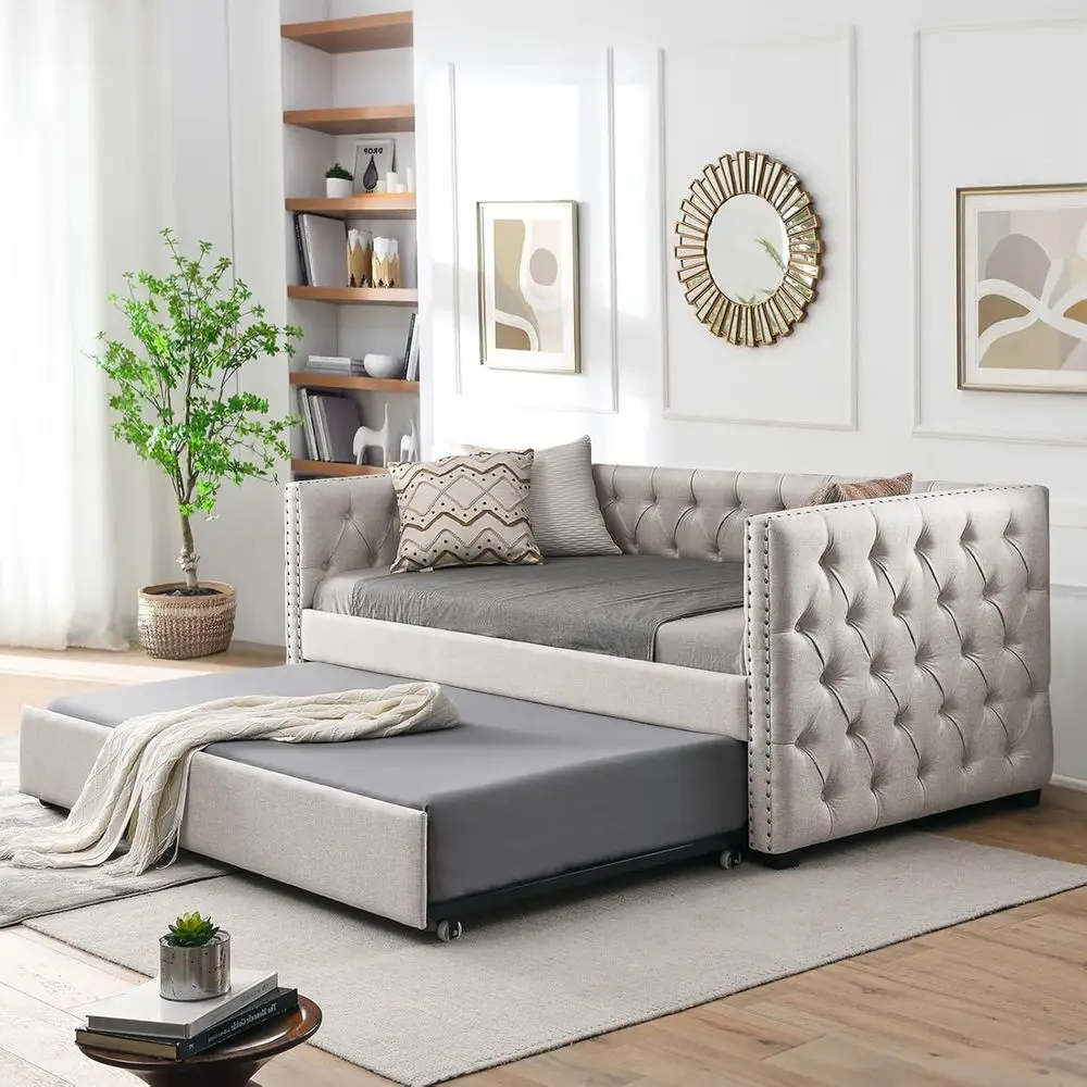 Antetek Daybed with Trundle, Upgraded Linen Upholstered Twin Size Day Bed Button-Tuted Soa Daybed e with A Trundle,No Box Spring
Antetek Daybed with Trundle, Upgraded Linen Upholstered Twin Size Day Bed Button-Tuted Soa Daybed e with A Trundle,No Box Spring