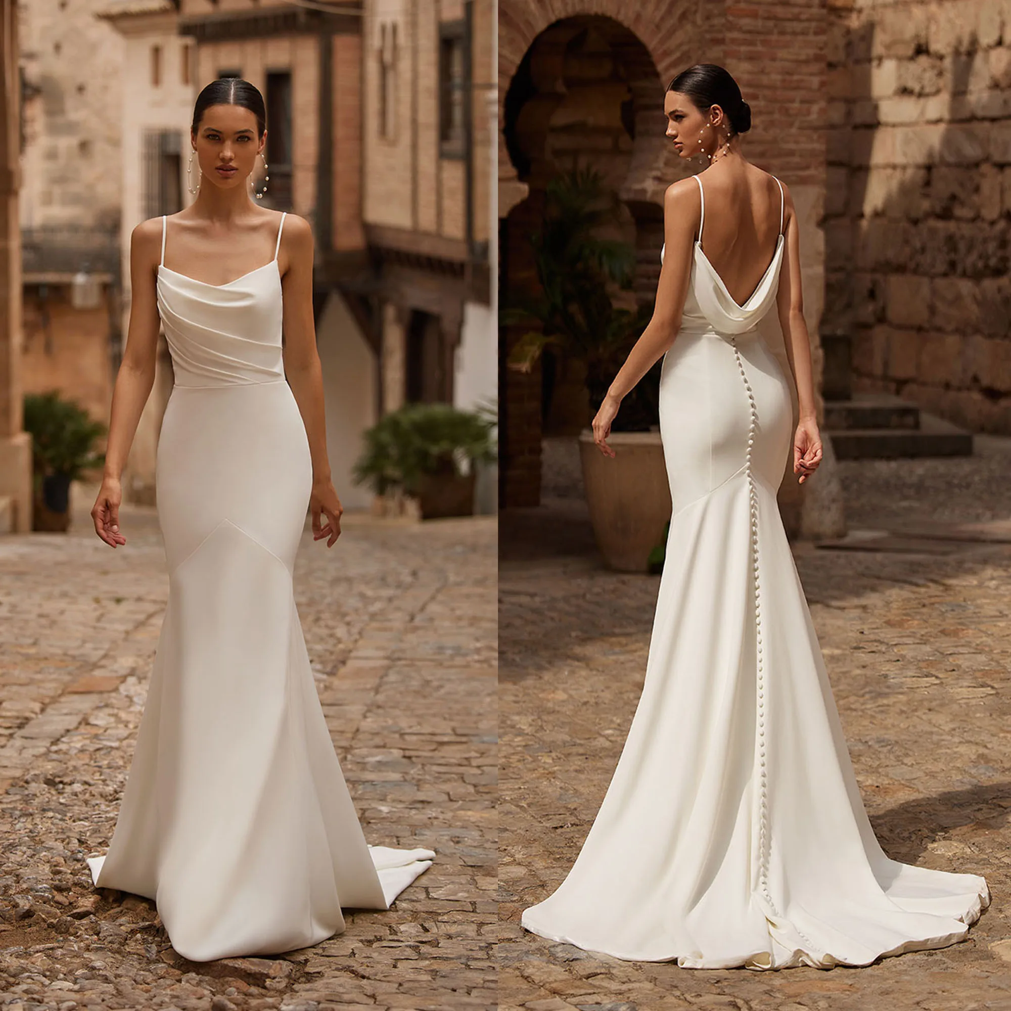 Customized Elegant Long Spaghetti Crepe Wedding Dresses Mermaid Pleated Vestido de novia Buttons Zipper Back Bridal Gowns 2026
Customized Elegant Long Spaghetti Crepe Wedding Dresses Mermaid Pleated Vestido de novia Buttons Zipper Back Bridal Gowns 2026