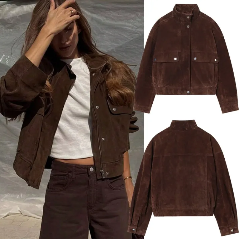 Brown Bomber Jacket with Big Pocket Casual Stand Collar Single Breasted Overcoats Loose Fashionable Blouse Coat for Women Street
Brown Bomber Jacket with Big Pocket Casual Stand Collar Single Breasted Overcoats Loose Fashionable Blouse Coat for Women Street