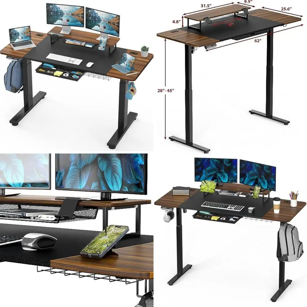 62-дюймовый электрический регулируемый стол из орехового дерева с подставкой для монитора и ящиком для хранения
62-дюймовый электрический регулируемый стол из орехового дерева с подставкой для монитора и ящиком для хранения
