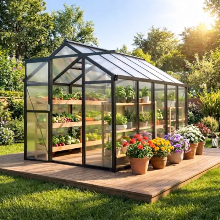 6X8 FT Walk-in Greenhouse Kit with Aluminum Frame Green Polycarbonate Panels Adjustable Roof Vent Sliding Door Secure Lock for
6X8 FT Walk-in Greenhouse Kit with Aluminum Frame Green Polycarbonate Panels Adjustable Roof Vent Sliding Door Secure Lock for