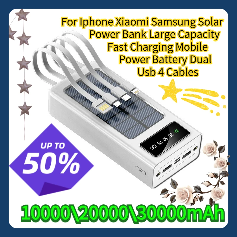 For Iphone Xiaomi Samsung Solar Power Bank Large Capacity Fast Charging Mobile Power Battery Dual Usb 4 Cables
For Iphone Xiaomi Samsung Solar Power Bank Large Capacity Fast Charging Mobile Power Battery Dual Usb 4 Cables