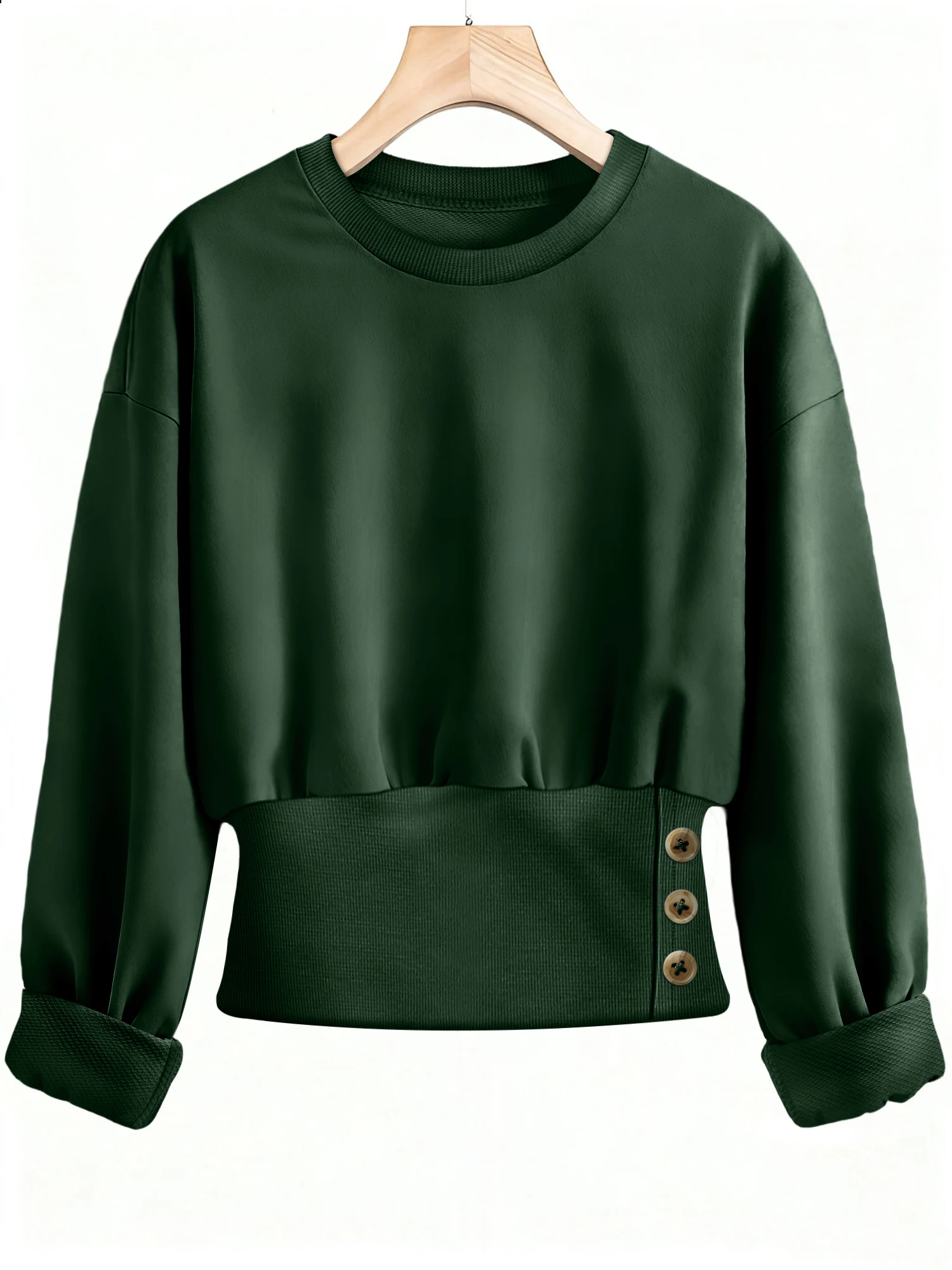 Ladies Solid Color Long Sleeve Crop Tops, Crew Neck Ruched Waist Button Side Sweatshirt, Casual Streetwear for Everyday Wear
Ladies Solid Color Long Sleeve Crop Tops, Crew Neck Ruched Waist Button Side Sweatshirt, Casual Streetwear for Everyday Wear