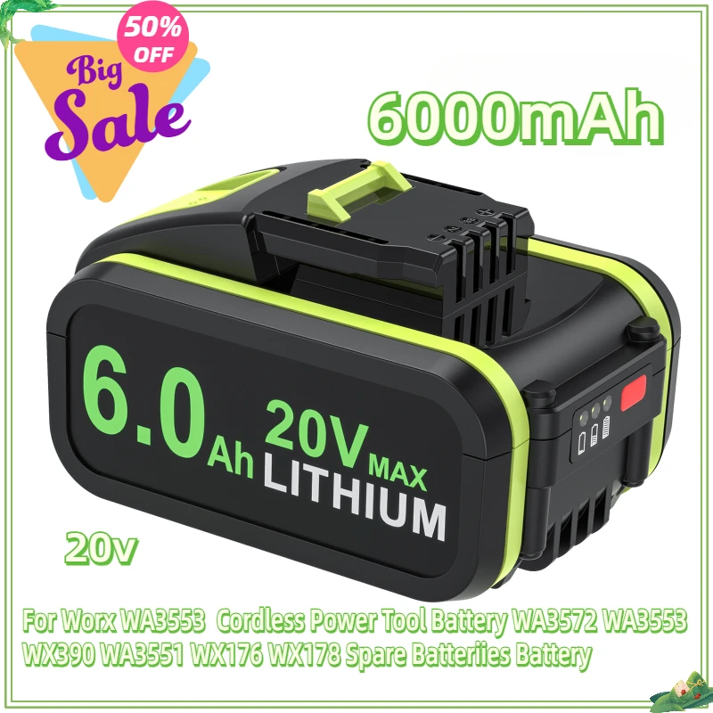 For Worx WA3553 20V Cordless Power Tool Battery WA3572 WA3553 WX390 WA3551 WX176 WX178 Spare Batteriies 6000mAh Battery
For Worx WA3553 20V Cordless Power Tool Battery WA3572 WA3553 WX390 WA3551 WX176 WX178 Spare Batteriies 6000mAh Battery