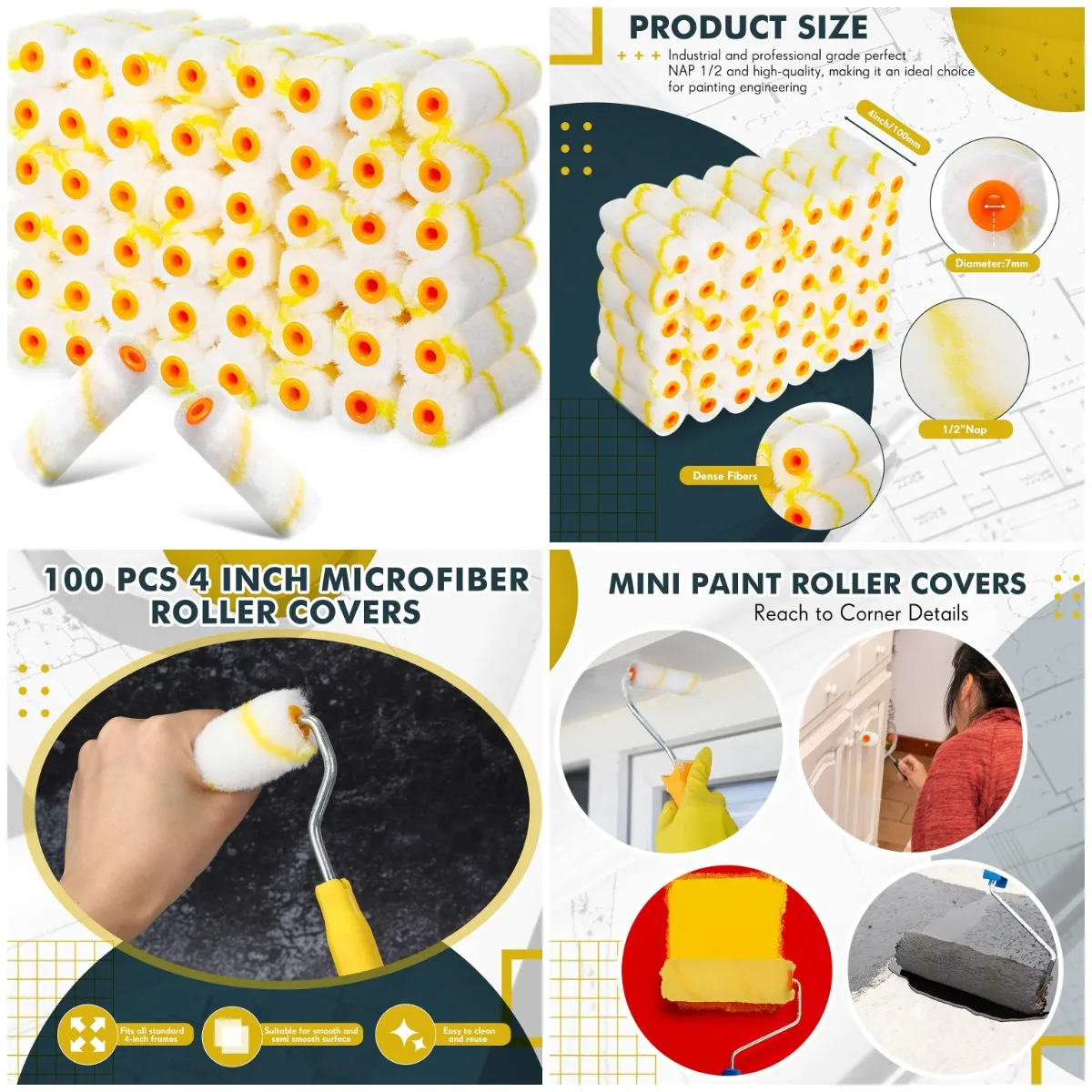 100 Pcs 1/2' x 4' Microfiber Paint Roller Covers, Yellow/White, Mini Roller Nap for Wall Painting DIY Supplies
100 Pcs 1/2' x 4' Microfiber Paint Roller Covers, Yellow/White, Mini Roller Nap for Wall Painting DIY Supplies