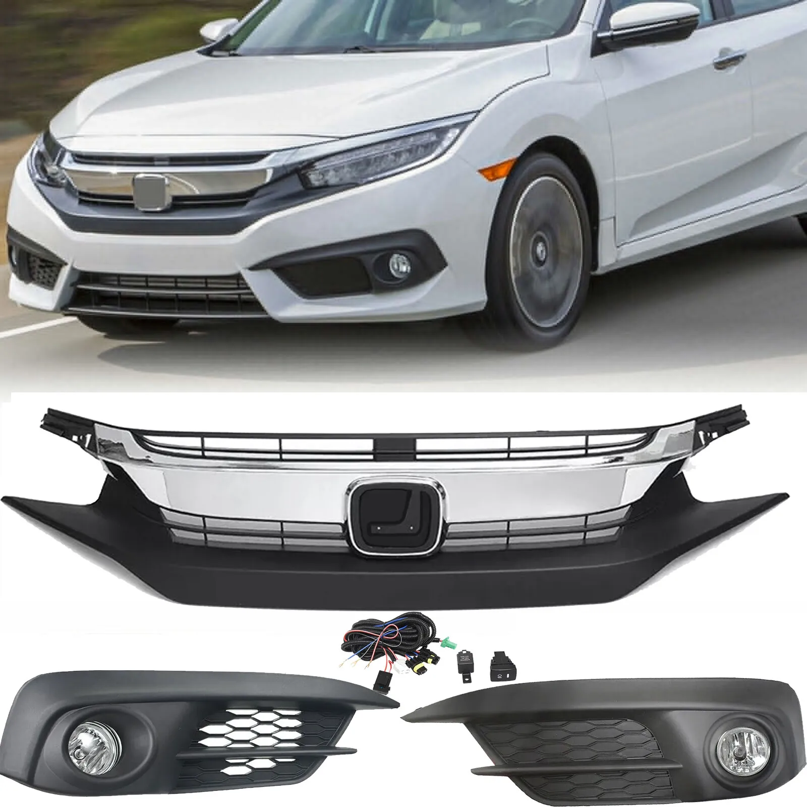Fit 2016 2017 2018 Honda Civic Sedan Front Upper Grille Chrome + Fog Lights Set
Fit 2016 2017 2018 Honda Civic Sedan Front Upper Grille Chrome + Fog Lights Set