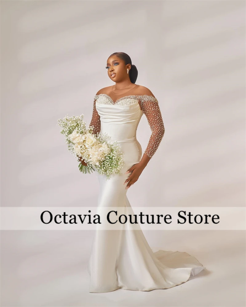 White Mermaid Wedding Dresses Pearls Special Occasion Dress O Neck Full Sleeve Bridal Gown Detachable Train Customized
White Mermaid Wedding Dresses Pearls Special Occasion Dress O Neck Full Sleeve Bridal Gown Detachable Train Customized