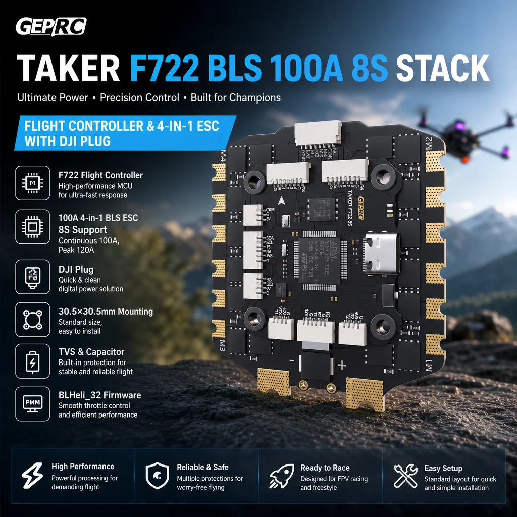 GEPRC TAKER F722 BLS 100A 8S Stack – Flight Controller & 4-in-1 ESC w/ DJI Plug for FPV Drone (30.5×30.5mm)
GEPRC TAKER F722 BLS 100A 8S Stack – Flight Controller & 4-in-1 ESC w/ DJI Plug for FPV Drone (30.5×30.5mm)