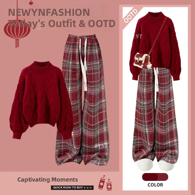 Autumn Winter Women's Knitted Sweater And Plaid Loose Pants Two-Piece Set Lazy Sle Twist Yarn Slimming Effect Faionable
Autumn Winter Women's Knitted Sweater And Plaid Loose Pants Two-Piece Set Lazy Sle Twist Yarn Slimming Effect Faionable