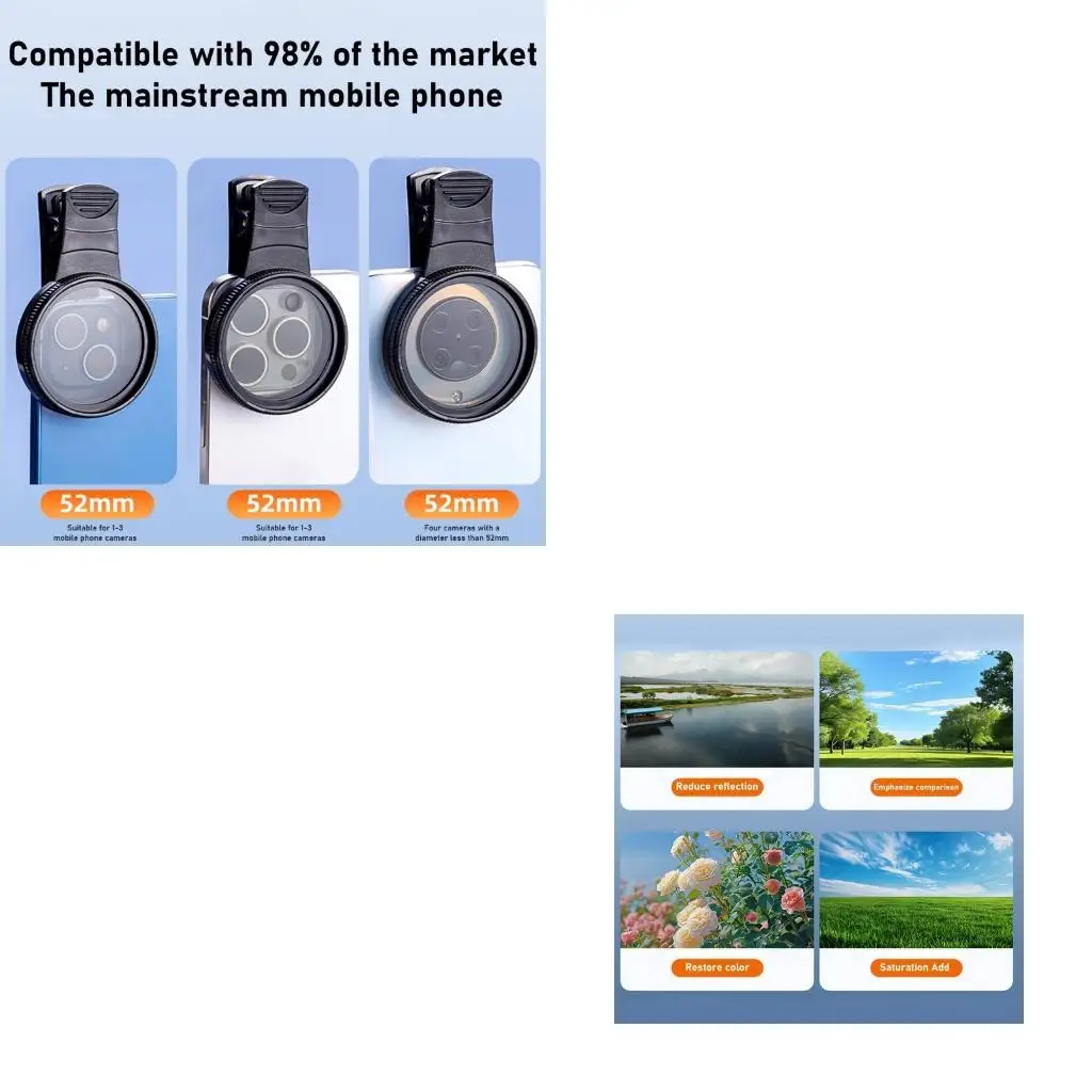 R9UF Polarizer Lens & ABS Camera Filter Quick Installation for Phone Photography
R9UF Polarizer Lens & ABS Camera Filter Quick Installation for Phone Photography