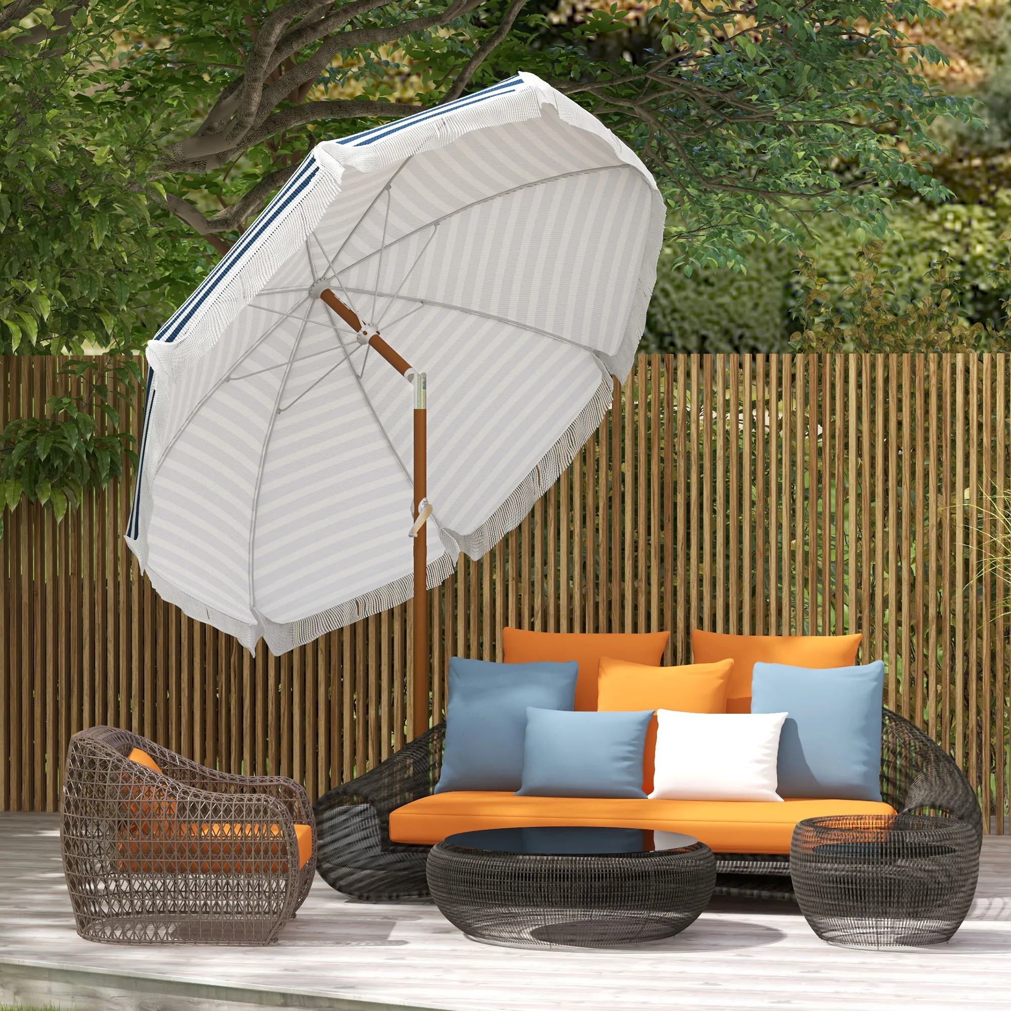 Outdoor Patio Umbrella with Tilt, Vent, Fringed Ruffles, and Flounce
Outdoor Patio Umbrella with Tilt, Vent, Fringed Ruffles, and Flounce
