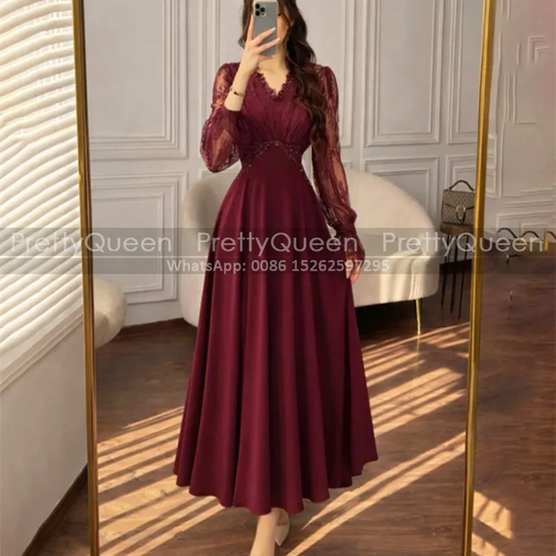 Burgundy A Line Bridesmaid Dresses Sheer Lace Long Sleeves V Neck Customized Ankle Length Chiffon Wedding Party Dress
Burgundy A Line Bridesmaid Dresses Sheer Lace Long Sleeves V Neck Customized Ankle Length Chiffon Wedding Party Dress