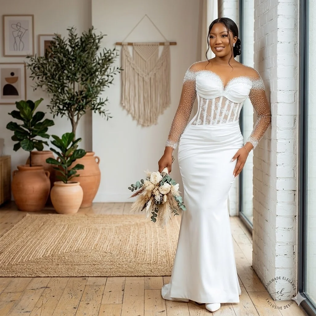 2026 Sexy Mermaid Wedding Dress See Through Corset Boning Pearl Long Sleeves Satin Bridal Gown Custom Made Robe De Mariée
2026 Sexy Mermaid Wedding Dress See Through Corset Boning Pearl Long Sleeves Satin Bridal Gown Custom Made Robe De Mariée